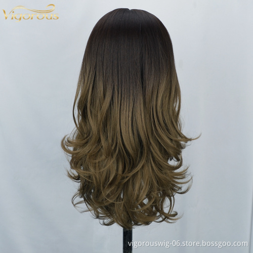 ombre brown Long Wavy Wig for women Middle Part Synthetic Lace Wig Heat Resistant Fiber for Daily Party cosplay Use